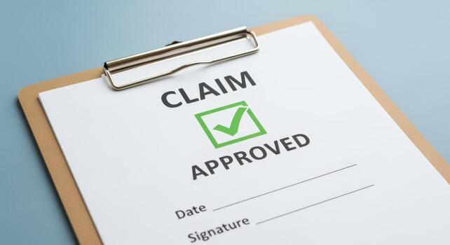 Claim Approved Document on Clipboard Represents Acceptance, Approval, and Confirmation of Submission for Business photo
