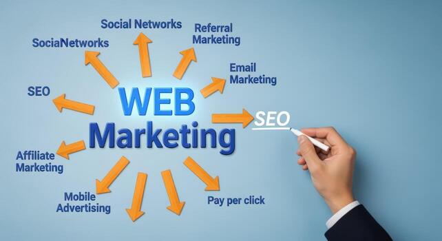 Digital marketing strategy illustration depicting web marketing and SEO optimization for online business growth photo