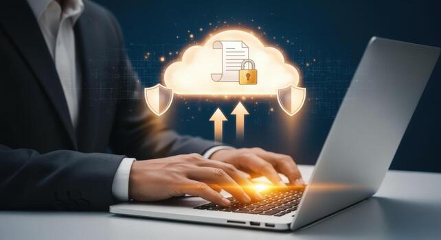 Cloud Computing Security Businessman Typing on Laptop with Data Protection Overlay for Secure File Transfer photo