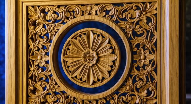 Intricate Wood Carving of Floral Design with Circular Motif, Detailed Craftsmanship and Ornamental Style, High Quality photo