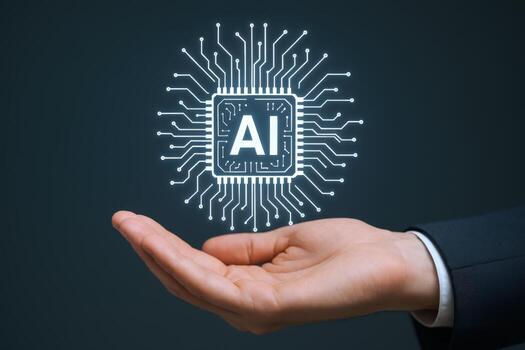 Artificial Intelligence Concept Hand Presenting Glowing AI Chip, Symbolizing Futuristic Technology and Innovation photo