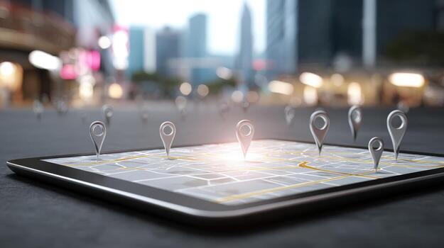 Location Pins on Tablet Display with Cityscape Backdrop, Digital Navigation, Global Positioning System Concept photo