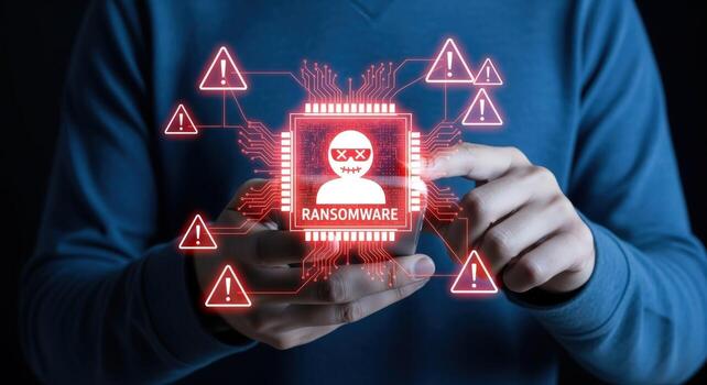 Cybersecurity Threat Man holds device with digital ransomware warning, illustrating online security risks and data protection photo