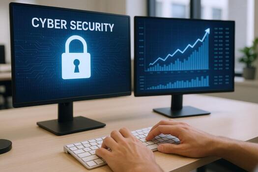 Cybersecurity Professional Analyzing Data and Implementing Security Measures on Dual Monitors for Enhanced Protection and Growth photo