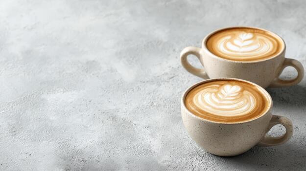 Two Cups of Latte Art Coffee on a Textured Gray Background, Perfect for Morning Drink Concepts photo