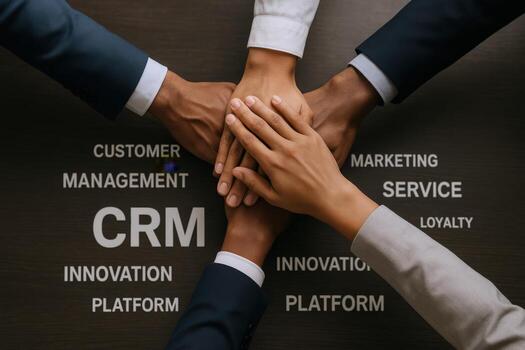 Diverse Team Hands in Collaboration Over CRM Platform Concept Representing Unity and Business Success photo