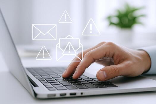 Man Typing on Laptop with Email Warning Icons Representing Phishing or Cyber Security Threat photo