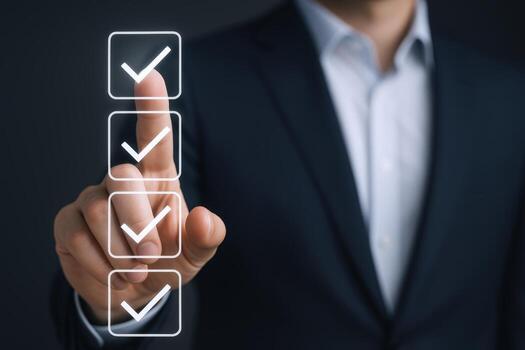 Completing Digital Checklist Man in Suit Tapping Checkmarks, Represents Tasks, Approval, and Confirmation Process photo