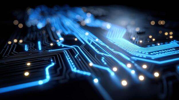 High-Tech Circuit Board Design with Blue Lines and Golden Lights for Modern Technology Concepts photo