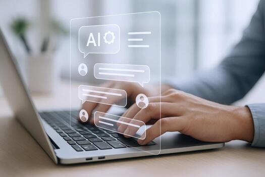 Hands Typing on Laptop with AI Chat Interface, Showcasing Artificial Intelligence and Communication Technology photo