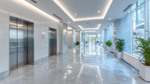 Modern Office Building Lobby with Elevators, Marble Floors, and Potted Plants, creating a bright and inviting commercial space photo