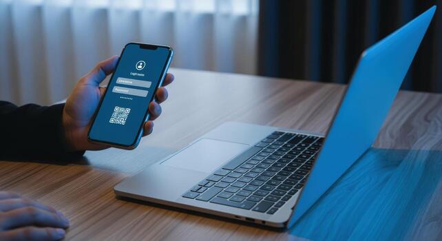Mobile Device Authentication via QR Code Scanning on Smartphone, Laptop Security and Business Technology photo