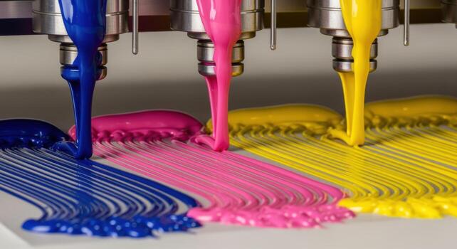 Close-up of CMYK Inkjet Printing Process Cyan, Magenta, and Yellow Colors Being Applied to Media photo