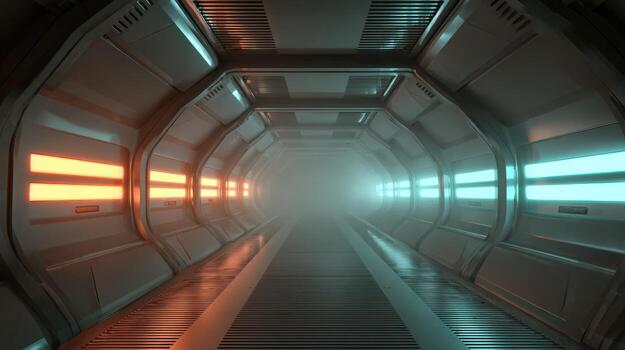 Futuristic Sci-Fi Corridor with Neon Lights Abstract Interior Space for Technology and Design Projects photo