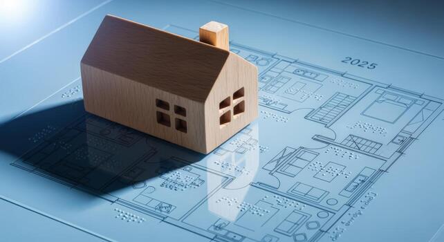 Conceptual wooden house model placed on top of architectural blueprint design for real estate development photo