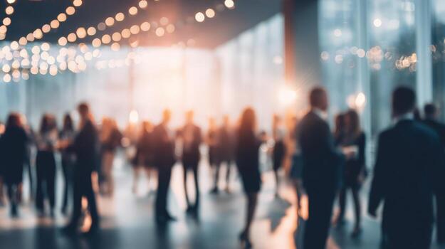 Blurred Crowd of Business Professionals at Conference, Creating a Dynamic and Energetic Atmosphere photo