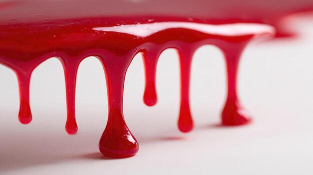 Crimson Liquid Dripping, Macro Shot of Viscous Fluid, Red Paint Drips and Texture photo