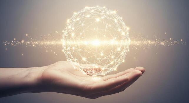 Abstract Sphere of Connected Dots in Hand Futuristic Technology and Innovation Concept for Global Communication photo