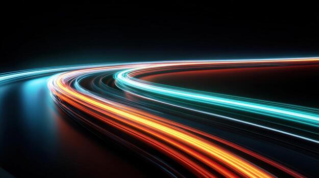 Dynamic Light Streaks Abstract Curved Motion Trails in Blue and Orange Against a Dark Backdrop photo
