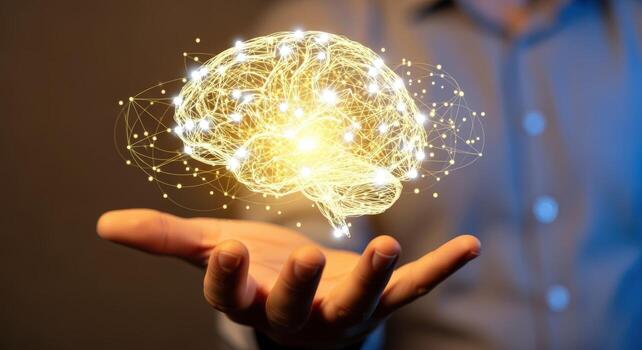 Artificial Intelligence Concept Human Hand Presenting a Glowing Brain Model, Representing Innovation and Cognitive Technology photo