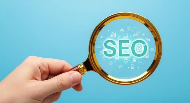 SEO Magnifying Glass Concept Hand Holding Magnifier Over SEO Text on Blue Background photo