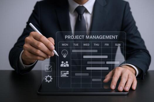 Project Management Visualization Businessman Planning Strategy with Digital Interface on Tablet for Effective Execution photo