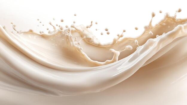 Creamy Liquid Wave Splash Abstract Beige Swirl with Splatter, Fluid Motion on White Backdrop photo
