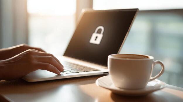 Cybersecurity on Laptop with Coffee Protecting Digital Assets with Strong Encryption and Data Privacy Measures photo
