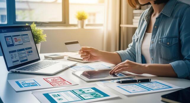 Woman designing mobile app interface, using credit card, working at desk, app design and development concept photo