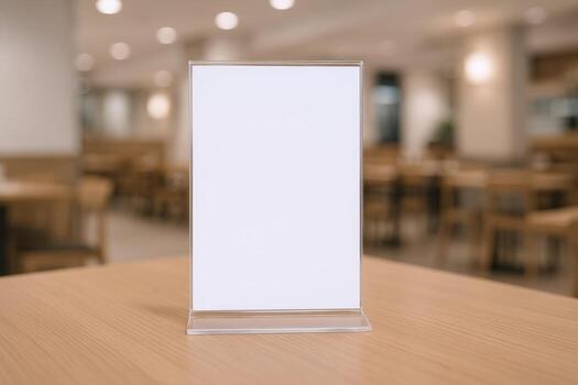 Blank Menu Stand Mockup on Restaurant Table for Advertising and Promotion Display photo
