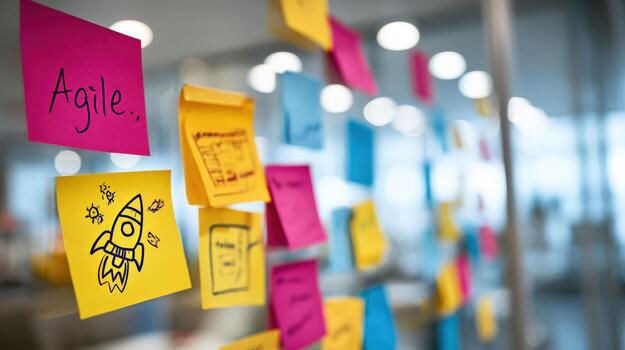 Agile Project Management Sticky Notes on Glass Wall, Concept of Teamwork and Workflow Organization photo