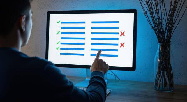 Person Interacting with Checklist on Computer Screen Displaying Success and Failure Indicators in Home Setting photo