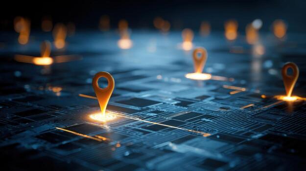 Location Pins on Circuit Board Technology and Navigation Concept with Glowing Markers photo