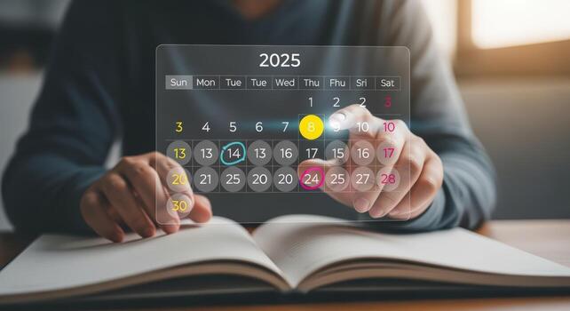 Person Planning Schedule for 2025 Using Digital Calendar, Emphasizing Important Dates and Deadline Management photo