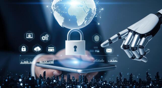 la seguridad cibernética tecnología concepto robot brazo participación teléfono inteligente con candado y globo para en línea seguridad foto