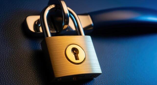 Padlock Securing Dark Blue Case Protection and Safety with Security Mechanism, Indicating Locked Access photo