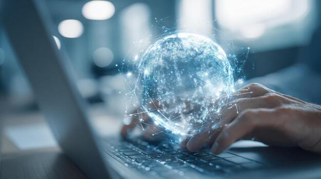 Digital Globe Connection Hands on Laptop with Global Network, Data Flow, and Online Communication photo