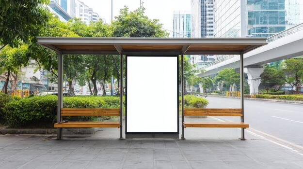 autobús detener anuncio cartelera Bosquejo en urbano ambiente presentando un personalizable blanco firmar foto