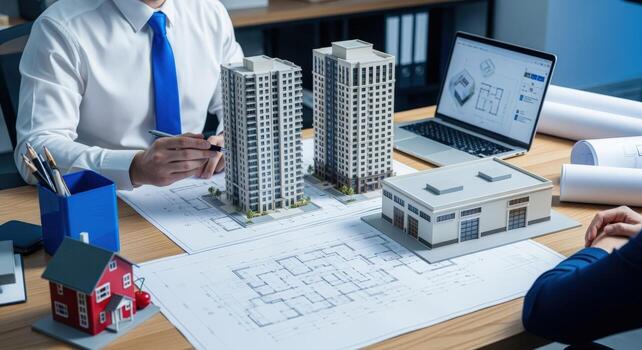 Architectural Design Meeting with Building Models, Blueprints and a Laptop on a Wooden Desk photo