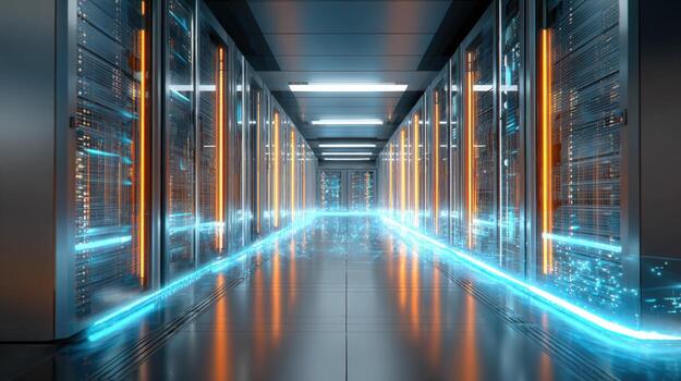 Futuristic Server Room Corridor with Data Stream, Modern Technology Infrastructure for Cloud Computing and Data Storage photo