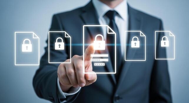 Data Protection Concept Businessman Securing Confidential Files with Touchscreen Technology for Cybersecurity in the Digital Age photo