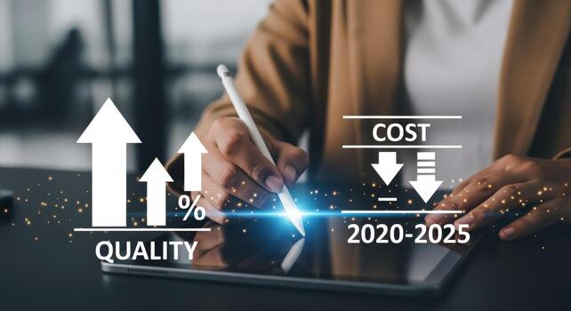 Businesswoman analyzing performance metrics on a tablet to improve quality and reduce costs using technology photo