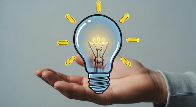 Hand Holding a Glowing Lightbulb Symbolizing Idea Generation, Innovation, and Creative Thinking in Business and Technology photo