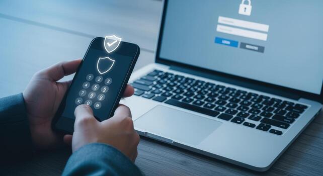 Secure Access Man Using Two-Factor Authentication on Smartphone with Laptop Displaying Login Screen for Security photo