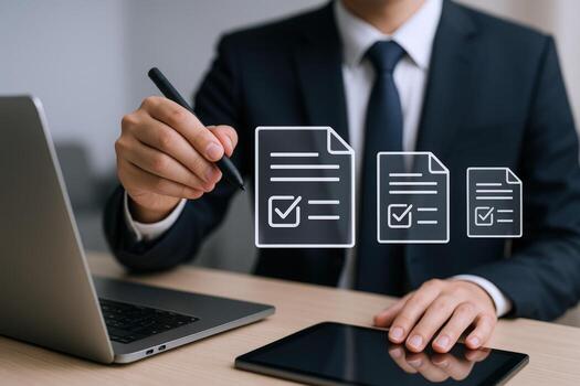 Digital Document Workflow Businessman Interacting with Online Forms and Checklists Using Modern Technology photo