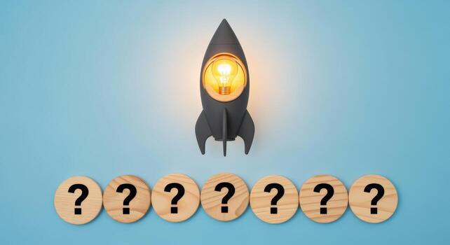 cohete lanzamiento desde pregunta marcas innovación, problema resolviendo, y exploración en azul antecedentes foto