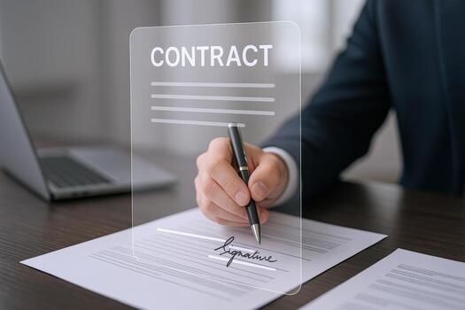 Business Professional Signing a Transparent Digital Contract with Pen, Modern Technology, and Formal Attire photo