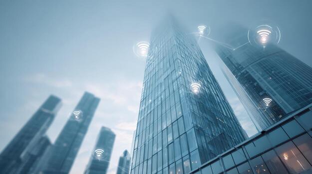 Modern Cityscape with Wireless Connectivity Low Angle View of Skyscrapers and Network Signals photo