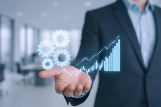 Business Growth Concept Businessman Presenting Gears and Bar Graph, Representing Progress and Innovation in Blue Tone photo