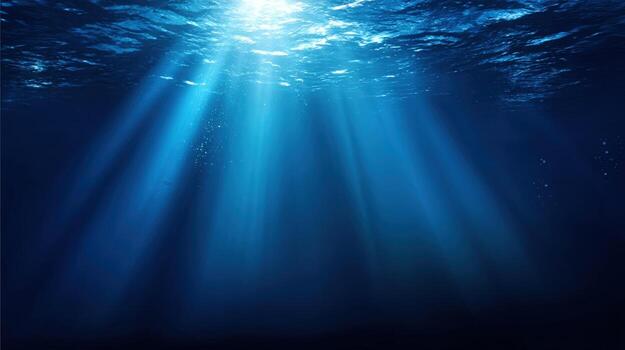 Underwater Scene with Sunbeams Illuminating the Deep Blue Sea, Creating a Serene and Tranquil Atmosphere photo